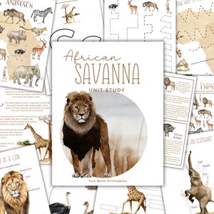 May include: A printable unit study about the African savanna. The cover features a watercolour illustration of a lion in front of a brown and tan background. The text "African Savanna Unit Study" is written in brown and white lettering. The text "Fun Mom Printables" is written in white lettering at the bottom of the page.