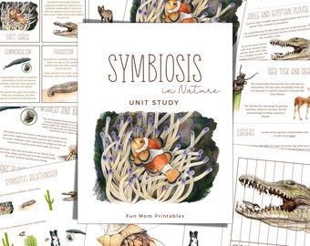 Puede incluir: Un estudio unitario imprimible sobre la simbiosis en la naturaleza. La portada presenta una ilustración de acuarela de un pez payaso y una anémona. El texto "Simbiosis en la naturaleza" está escrito en marrón con un contorno blanco. El texto "Estudio unitario" está escrito en marrón más pequeño debajo del título. La parte inferior de la portada presenta el texto "Fun Mom Printables".