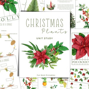 May include: A printable Christmas plants unit study with illustrations of holly, a poinsettia, and a spruce. The text "Christmas Plants Unit Study" is at the top of the page. The text "Fun Mom Printables" is at the bottom of the page.