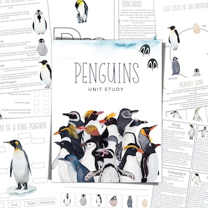 Könnte beinhalten: Eine farbenfrohe Illustration von Pinguinen mit dem Text "PENGUINS UNIT STUDY" auf blauem Hintergrund. Die Illustration zeigt verschiedene Pinguinarten, darunter Kaiserpinguine, Königspinguine, Gentoo-Pinguine und Makaronipinguine.