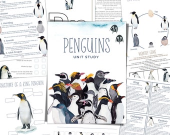 May include: A colorful illustration of penguins with the text "PENGUINS UNIT STUDY" on a blue background. The illustration includes a variety of penguin species, including emperor, king, gentoo, and macaroni penguins.