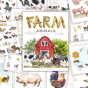 Puede incluir: Una colección de imprimibles educativos con animales de granja. La imagen central es una ilustración en acuarela de un granero rojo con varios animales de granja. Alrededor de la imagen central hay otras tablas e ilustraciones educativas.