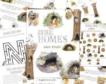 ANIMAL HOMES Unit Study, Nature Study, Science,  Handwriting, Homeschool Printable, Montessori, INSTANT Download