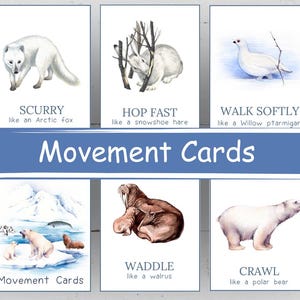 May include: Set of six watercolor movement cards featuring Arctic animals. Each card displays an animal and a corresponding action: scurry, hop fast, walk softly, waddle, and crawl. The text "Movement Cards" is displayed on a blue banner.
