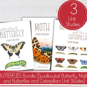 May include: A set of three printable unit studies for kids about butterflies and moths. The set includes a swallowtail butterfly unit study, a moth unit study, and a butterflies and caterpillars unit study. Each unit study features colorful illustrations of butterflies, moths, and caterpillars.