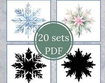 May include: Four digital images of snowflakes. The first image is a blue snowflake. The second image is a green and pink snowflake. The third image is a black snowflake. The fourth image is a black snowflake. The images are surrounded by a green circle with the text "20 sets PDF".