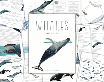 May include: A printable whale unit study for kids. The colorful printable includes illustrations of different types of whales, a whale life cycle, and a whale I spy game. The text on the page reads "Whales Unit Study" and "Fun Mom Printables".