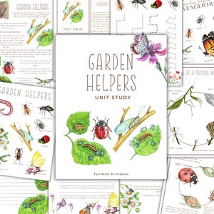 Peut inclure: Une étude unitaire imprimable sur les aides au jardin. La couverture présente une illustration colorée d'une coccinelle, d'une mante religieuse et d'une chrysope sur une branche avec des feuilles vertes. Le texte "Garden Helpers Unit Study" est imprimé en noir sur fond blanc.