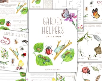 May include: A printable unit study about garden helpers. The cover features a colorful illustration of a ladybug, a praying mantis, and a lacewing on a branch with green leaves. The text "Garden Helpers Unit Study" is printed in black on a white background.