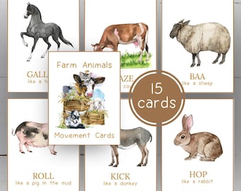 Farm Animals Movement Cards: Montessori Fitness Activity (Instant Download)