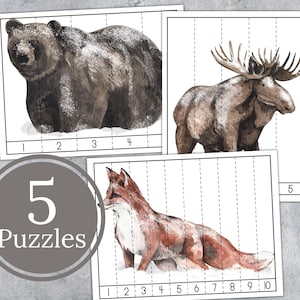 Number sequence puzzles printable, Winter Forest Animals Montessori preschool activity, INSTANT DOWNLOAD