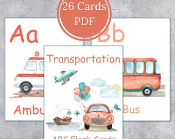 TRANSPORT alphabet flashcards. Watercolor letter cards. Kids printable. INSTANT DOWNLOAD