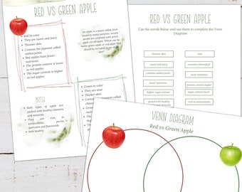 RED vs GREEN APPLE Venn Diagramm Aktivität, Homeschool, Montessori, Instant Download