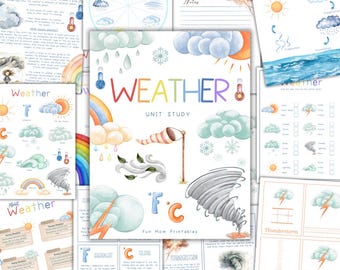 May include: A colorful printable set for teaching kids about weather. The set includes a title page with the word "WEATHER" in rainbow letters, a page with a weather wheel, a page with a weather chart, and a page with a weather word search. The set is perfect for preschool and kindergarten.