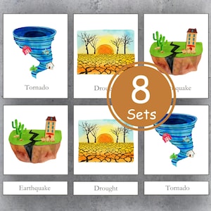 8 tarjetas de 3 partes sobre desastres naturales, Montessori, tarjetas preescolares, tarjetas educativas imprimibles, DESCARGA INMEDIATA