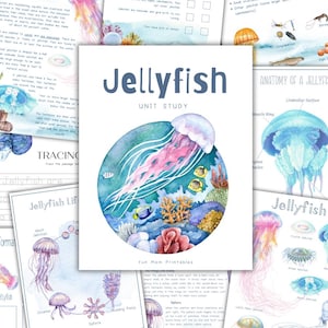 May include: A Jellyfish Unit Study educational printable set featuring a cover page with a watercolor illustration of a pink jellyfish, colorful coral, and tropical fish, surrounded by multiple pages of informational text and diagrams.
