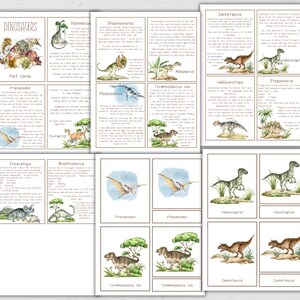 May include: A set of printable dinosaur fact cards featuring colorful illustrations of different dinosaurs, including a Tyrannosaurus Rex, Stegosaurus, Triceratops, and Pteranodon. Each card includes a brief description of the dinosaur and its characteristics.
