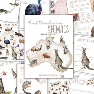 May include: A printable unit study about Australian animals. The study includes a map of Australia with various animals, a kangaroo life cycle, and an anatomy of a kangaroo diagram. The text "Australian Animals Unit Study" is at the top of the page.
