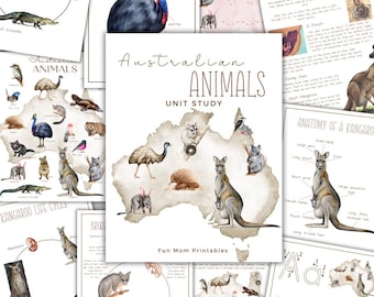 May include: A printable unit study about Australian animals. The study includes a map of Australia with various animals, a kangaroo life cycle, and an anatomy of a kangaroo diagram. The text "Australian Animals Unit Study" is at the top of the page.