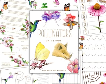May include: A colorful printable educational unit study about pollinators. The cover features a hummingbird, a butterfly, a moth, a flower, and a pig. The text "Pollinators Unit Study" is in a gold frame. The text "Fun Mom Printables" is at the bottom of the page.