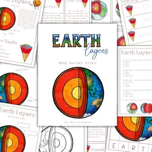 Pode incluir: Um conjunto de materiais educativos imprimíveis sobre as camadas da Terra. A imagem central é uma seção transversal da Terra, mostrando o núcleo, o manto e a crosta. O título "Earth Layers" é exibido em letras coloridas. Outras páginas incluem diagramas e questionários.