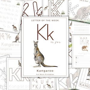 LETRA de la SEMANA, K es para canguro, actividades con la letra K, aprendizaje del alfabeto, letras del alfabeto, educación en el hogar, imprimible, descarga instantánea
