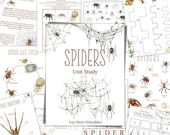 May include: A printable unit study about spiders with illustrations of spiders, webs, and spider anatomy. The title of the unit study is "Spiders Unit Study" and the text "Fun Mom Printables" is at the bottom of the page.