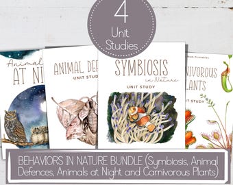 Puede incluir: Un conjunto de cuatro guías de estudio de unidades con ilustraciones en acuarela. Los títulos incluyen "Animal at Night", "Animal Defences", "Symbiosis in Nature" y "Carnivorous Plants". Una pancarta en la parte inferior dice "BEHAVIORS IN NATURE BUNDLE". Un gráfico circular dice "4 Unit Studies".