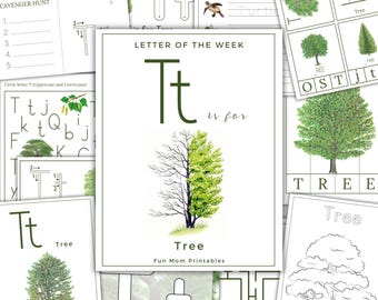 May include: A printable worksheet for learning the letter T. The worksheet features a large letter T, a picture of a tree, and the words "Letter of the Week: T is for Tree".
