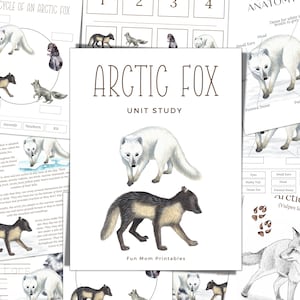 May include: Arctic Fox Unit Study printable with illustrations of an arctic fox in its natural habitat, a life cycle diagram, and an anatomy diagram with labels. The text "Arctic Fox Unit Study" is printed in brown letters on a white background.