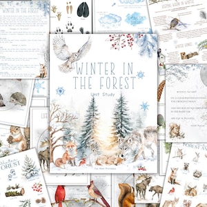 Op de afbeelding: Een verzameling educatieve printables met een winterbos thema. De centrale afbeelding is een aquarel illustratie van een besneeuwde bosscène met dieren. Tekst bevat "Winter in the Forest" en "Unit Study."