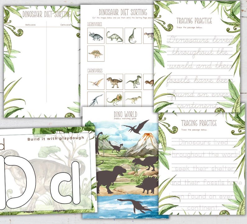 May include: A printable set of dinosaur-themed educational worksheets for kids. The worksheets include activities like sorting dinosaurs by diet, tracing practice, and building with playdough. The worksheets feature colorful illustrations of dinosaurs and a jungle background.