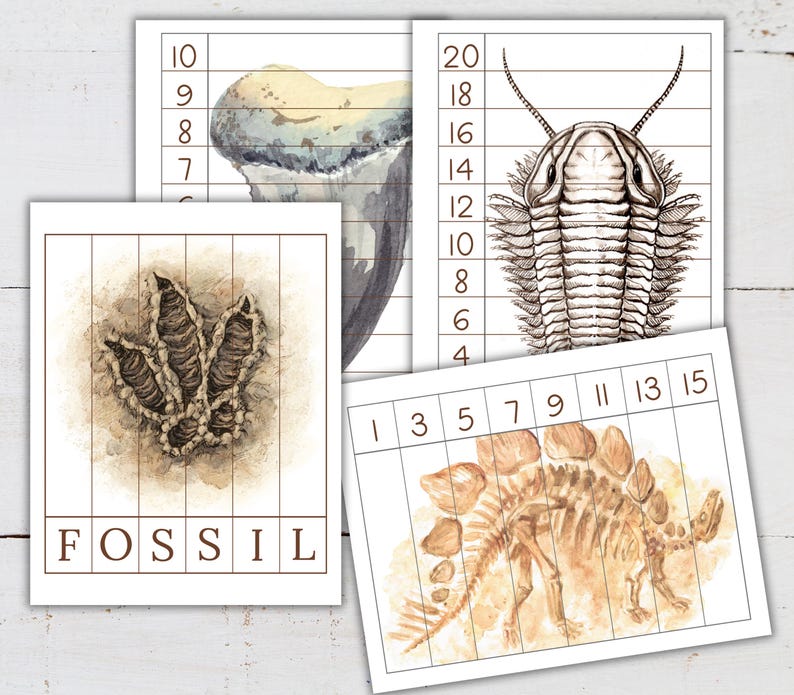 May include: A set of four printable fossil puzzles for kids. The puzzles feature a dinosaur footprint, a trilobite, a shark tooth, and a dinosaur skeleton. Each puzzle has a grid with numbers to help children assemble the pieces.