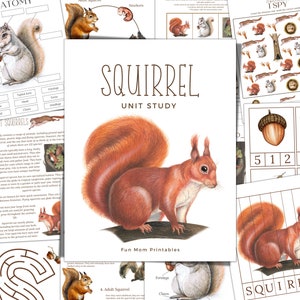 May include: A printable educational unit study about squirrels. The cover features a colorful illustration of a red squirrel with the text "Squirrel Unit Study" and "Fun Mom Printables".