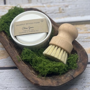 May include: A white solid dish soap with a label that reads "Citrus Grove" sits in a white bowl. A wooden dish brush rests beside the bowl, all presented in a wooden tray with green moss.