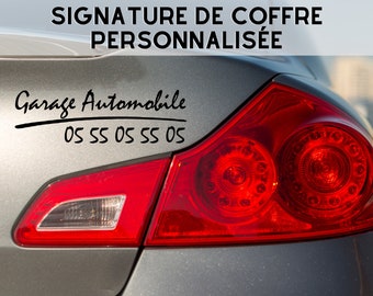 Signature autocollant voiture, signature automobile, marquage véhicule, flocage auto, signature auto, signature publicitaire, garage