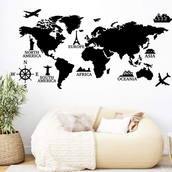 Sticker carte du monde, autocollant mur, décoration mur pour bureau maison restaurant, world map sticker