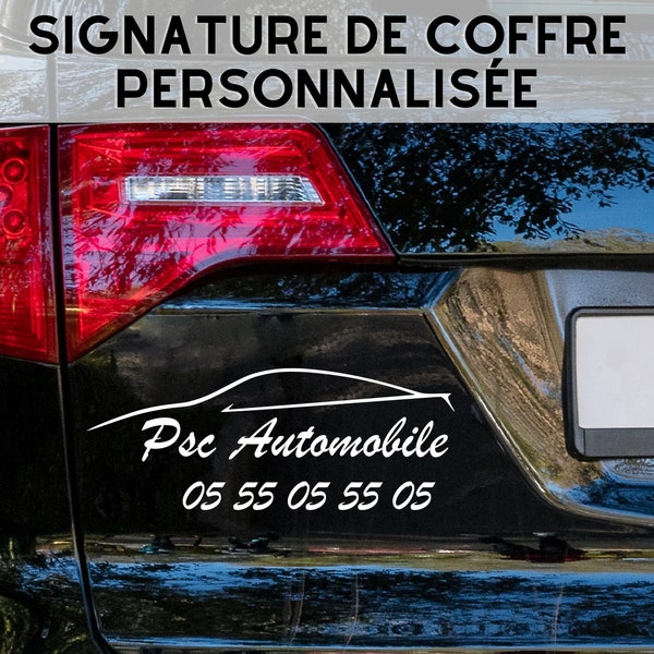 Sticker signature de coffre auto, signature de coffre, marquage véhicule, flocage auto, signature auto, signature publicitaire, garage,