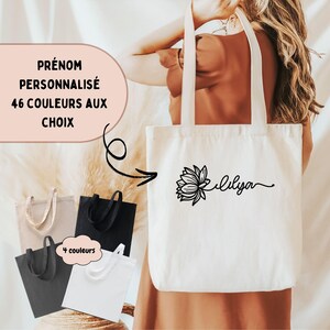 Tote bag personnalisé avec prénom et motif floral Collection LILYA, Sac en Coton, Tote Bag pour Enfant et Adulte, Idée Cadeau unique