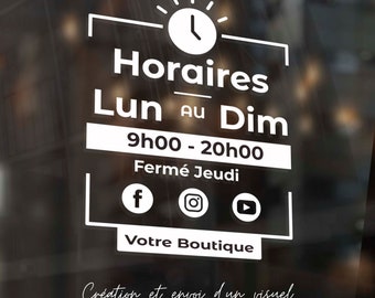 STICKER Autocollant personnalisé "Horaires d'ouverture" Business Opening Hours pour vitrine magasin, boutique ou tout autre commerce