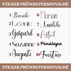 Peut inclure: Une feuille d'autocollants de noms personnalisés. Les autocollants présentent dix noms dans différentes polices élégantes, dont Basile, Léonie, Gaspard, Suzanne, Auguste, Florian, Anatole, Astrid, Pénélope et Faustine. Le texte "STICKER PRÉNOM PERSONNALISÉ" apparaît en haut et en bas.