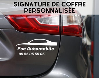 Signature publicitaire de coffre auto, signature de coffre, marquage véhicule, flocage auto, signature auto, signature publicitaire, garage,