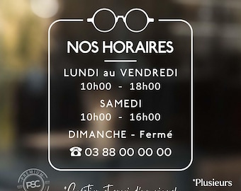 Adhesivo para ventana con horario de apertura de óptica, adhesivo para ventana con letras personalizadas, para óptica y audición.