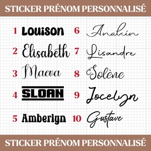 Peut inclure: Une feuille avec dix autocollants de noms personnalisés dans différentes polices. Les noms incluent Louison, Elisabeth, Maeva, Sloan, Amberlyn, Anakin, Lisandre, Solène, Jocelyn et Gustave. Le texte "STICKER PRÉNOM PERSONNALISÉ" est affiché en haut et en bas.