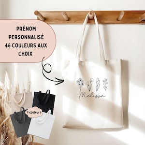 Tote Bag Personnalisé Avec Prénom et Fleurs, Sac en Coton, Tote Bag pour Enfant et Adulte, Idée Cadeau Anniversaire, Evjf, Noël...
