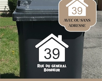 Autocollant Poubelle Personnalisé | Numéro de Rue Design Maison Silhouettée | Sticker Vinyle Extérieur Longue Durée