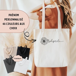 Tote bag personnalisé avec prénom et motif floral Collection APRIL, Sac Coton, Tote Bag pour Enfant et Adulte, Idée Cadeau, Cadeau unique