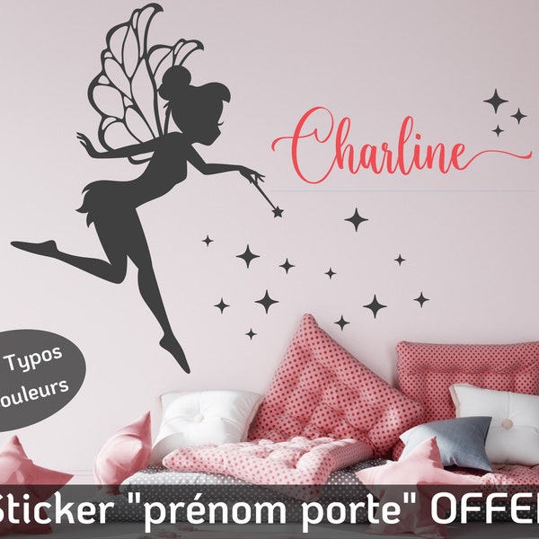 Stickers Muraux Fée Prénom Personnalisé - Stickers Muraux Chambre Enfant - Grand Sticker Mural Fée Style Clochette - Décoration Mural Fille