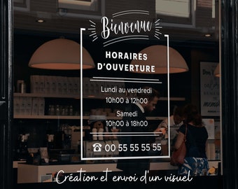 Calcomanías y pegatinas para ventanas que muestran el "Horario de apertura" para escaparates, boutiques o cualquier otro negocio.