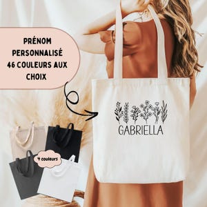 Tote bag personnalisé avec prénom et motif floral, Sac en Coton, Tote Bag pour Enfant et Adulte, Idée Cadeau, Cadeau unique et écologique